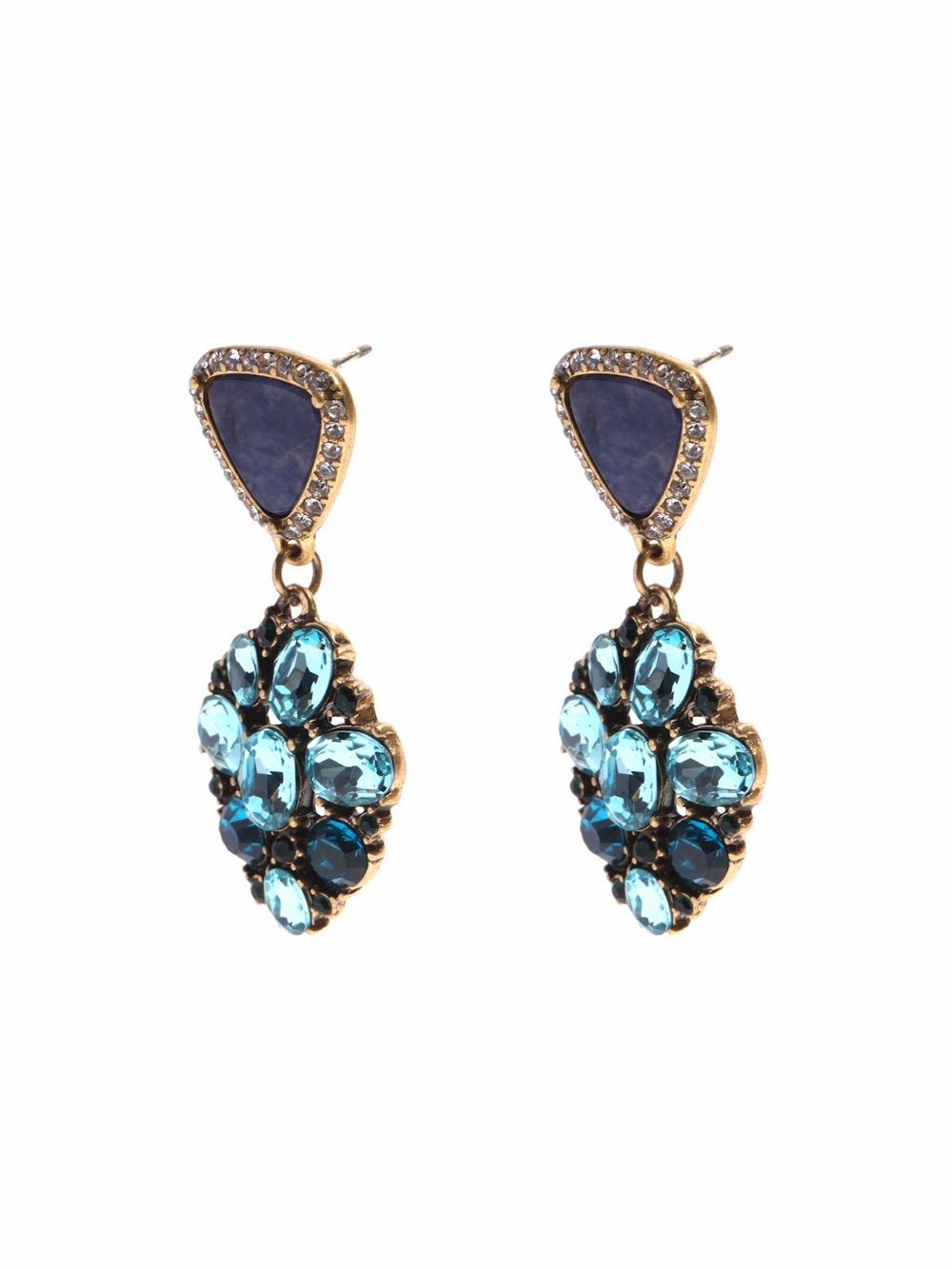 Gold-Tone Blue Crystal Drop Earrings with 925s silver posts